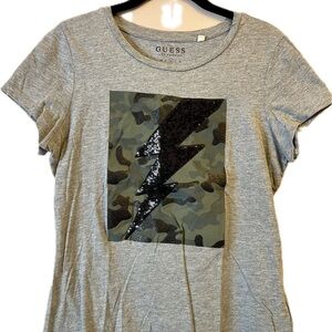 GUESS Gray Camouflage Lightning Bolt Women's Top